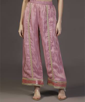 Pink aura mirror and resham hand embroidered tissue kurta sets of 3 4