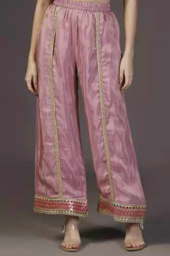 Pink aura mirror and resham hand embroidered tissue kurta sets of 3