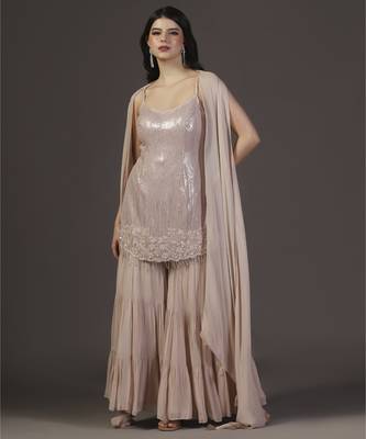 Dusky peach georgette gharara with sequins hand embroidered sets of 3 1