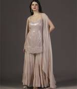Dusky peach georgette gharara with sequins hand embroidered sets of 3