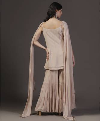 Dusky peach georgette gharara with sequins hand embroidered sets of 3 3