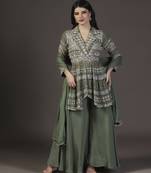 Sage green hand embroidered net peplum top and georgette sharara sets of 3