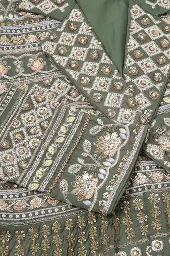 Sage green hand embroidered net peplum top and georgette sharara sets of 3