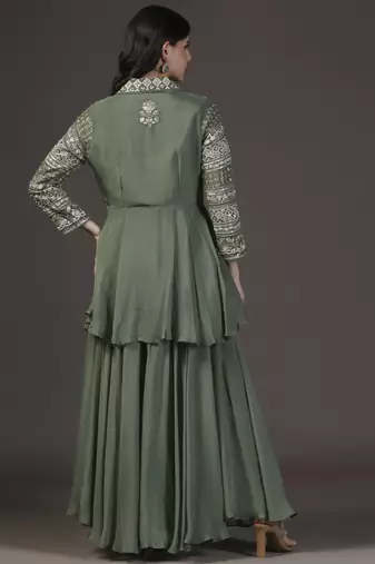 Sage green hand embroidered net peplum top and georgette sharara sets of 3
