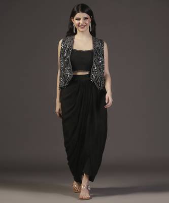 Metallic black and silver hand embroidered cropped jacket with georgette crop top and draped skirt sets of 3 1