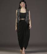 Metallic black and silver hand embroidered cropped jacket with georgette crop top and draped skirt sets of 3