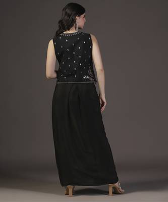 Metallic black and silver hand embroidered cropped jacket with georgette crop top and draped skirt sets of 3 2