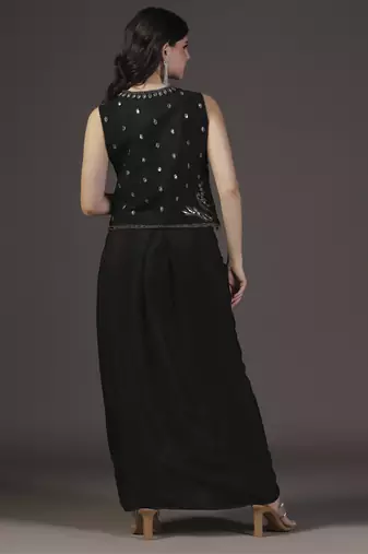 Metallic black and silver hand embroidered cropped jacket with georgette crop top and draped skirt sets of 3