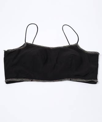 Metallic black and silver hand embroidered cropped jacket with georgette crop top and draped skirt sets of 3 4