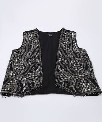 Metallic black and silver hand embroidered cropped jacket with georgette crop top and draped skirt sets of 3 5