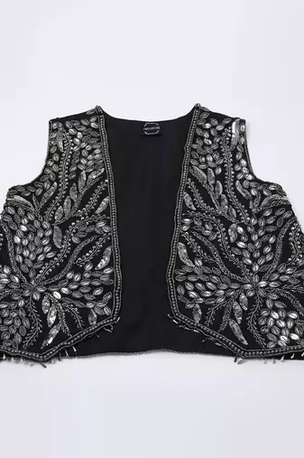 Metallic black and silver hand embroidered cropped jacket with georgette crop top and draped skirt sets of 3