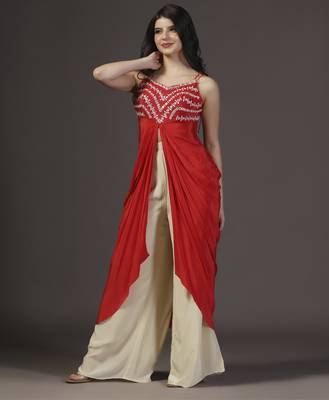 Red traingular tassling mirror hand embroidered crepe draped dress and pant set of 2 1