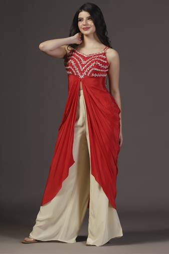 Red traingular tassling mirror hand embroidered crepe draped dress and pant set of 2