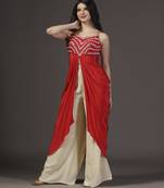 Red traingular tassling mirror hand embroidered crepe draped dress and pant set of 2