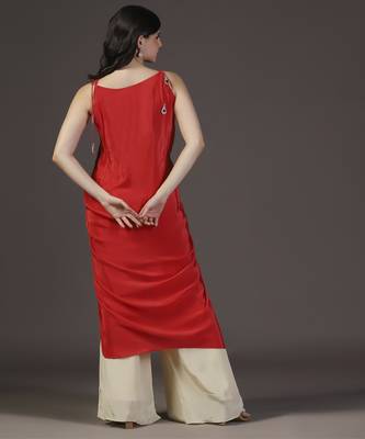 Red traingular tassling mirror hand embroidered crepe draped dress and pant set of 2 2