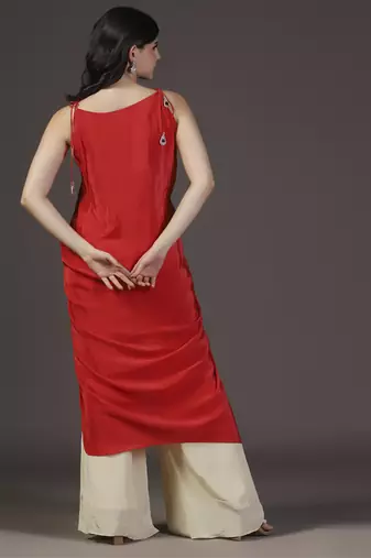 Red traingular tassling mirror hand embroidered crepe draped dress and pant set of 2