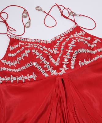 Red traingular tassling mirror hand embroidered crepe draped dress and pant set of 2 3