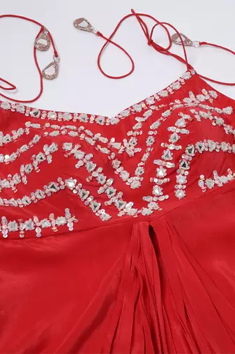 Red traingular tassling mirror hand embroidered crepe draped dress and pant set of 2