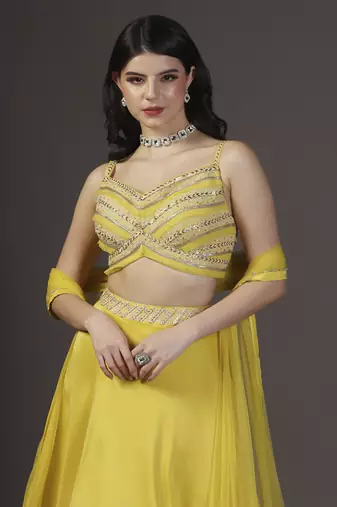 Yellow Genda-Phool Haldi Silk Embroidered Lehenga Sets Of 3