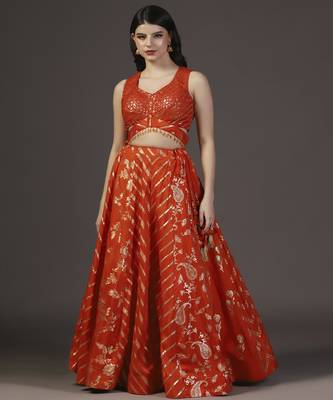 Burnt Orange Sequins Embroidered Banarasi Silk Lehenga Sets Of 3 1