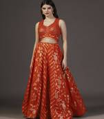 Burnt Orange Sequins Embroidered Banarasi Silk Lehenga Sets Of 3