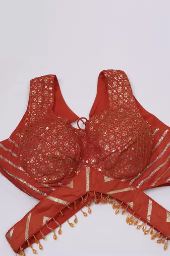 Burnt Orange Sequins Embroidered Banarasi Silk Lehenga Sets Of 3