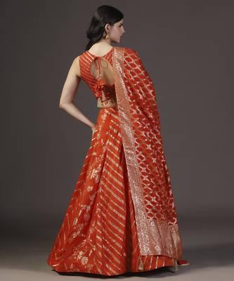 Burnt Orange Sequins Embroidered Banarasi Silk Lehenga Sets Of 3 5