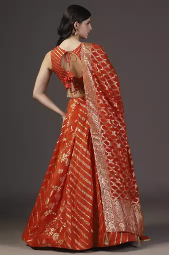 Burnt Orange Sequins Embroidered Banarasi Silk Lehenga Sets Of 3