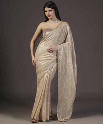 Nude and gold sequins hand embroidered georgette saree with unstitched blouse sets of 2 1