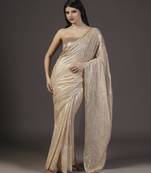 Nude and gold sequins hand embroidered georgette saree with unstitched blouse sets of 2