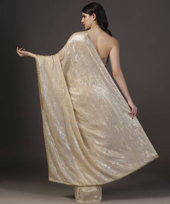Nude and gold sequins hand embroidered georgette saree with unstitched blouse sets of 2 3