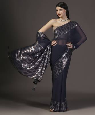 Black embellished dull silver and gold sequins hand embroidered georgette saree with unstitched blouse sets of 2 1