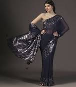 Black embellished dull silver and gold sequins hand embroidered georgette saree with unstitched blouse sets of 2