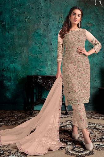 Beige embroidered net pant style salwar suit