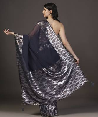 Black embellished dull silver and gold sequins hand embroidered georgette saree with unstitched blouse sets of 2 3