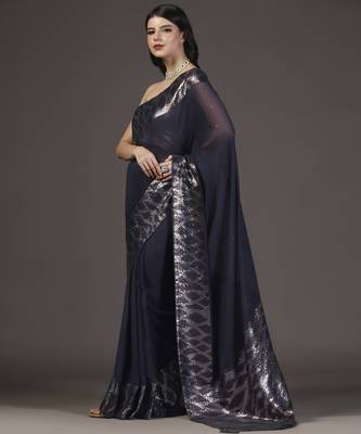 Black embellished dull silver and gold sequins hand embroidered georgette saree with unstitched blouse sets of 2 4