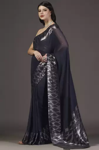 Black embellished dull silver and gold sequins hand embroidered georgette saree with unstitched blouse sets of 2