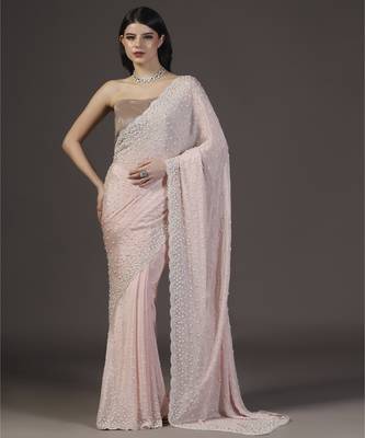 Pink embellished pearl hand embroidered chiffon saree with unstitched blouse sets of 2 1