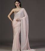 Pink embellished pearl hand embroidered chiffon saree with unstitched blouse sets of 2