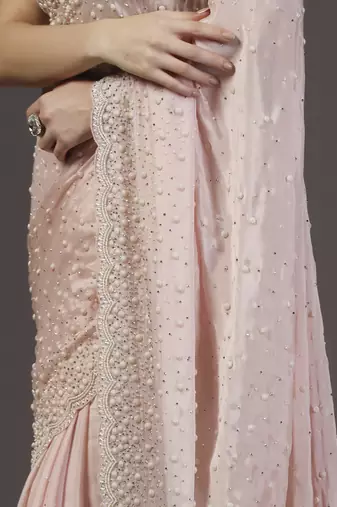 Pink embellished pearl hand embroidered chiffon saree with unstitched blouse sets of 2