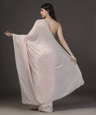 Pink embellished pearl hand embroidered chiffon saree with unstitched blouse sets of 2 4