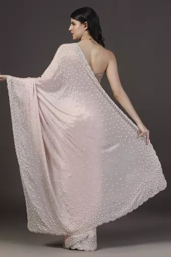 Pink embellished pearl hand embroidered chiffon saree with unstitched blouse sets of 2