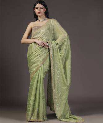 Green embellised tine dull sequins embroidered georgette saree with unstitched blouse sets of 2 1