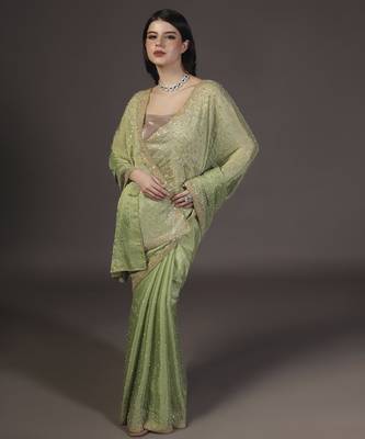 Green embellised tine dull sequins embroidered georgette saree with unstitched blouse sets of 2 2