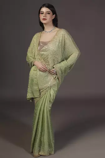 Green embellised tine dull sequins embroidered georgette saree with unstitched blouse sets of 2