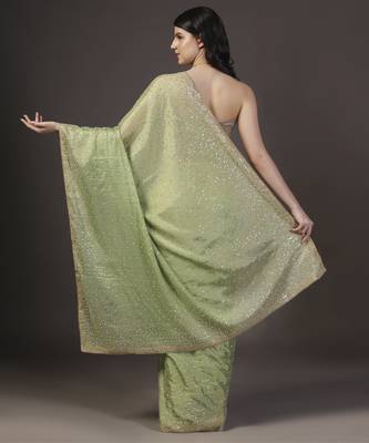 Green embellised tine dull sequins embroidered georgette saree with unstitched blouse sets of 2 3