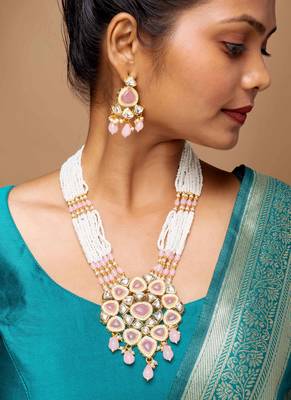 Pink kundan pearl party wear long necklace set 5