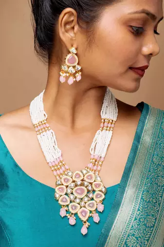 Pink kundan pearl party wear long necklace set