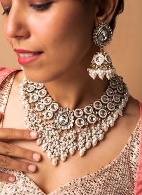 Kundan high neck necklace set with large pearls 8