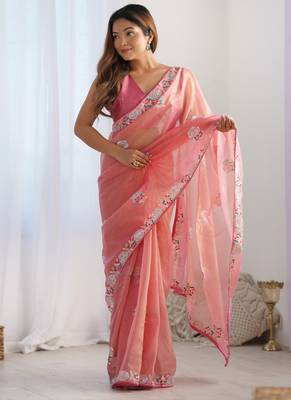Peach organza embroidered party wear saree 1